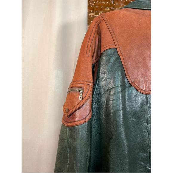 Vintage 80s Modango Brown & Green Leather Bomber Jacket w Shoulder Pads Size XL - Picture 9 of 17